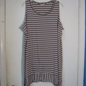 * Logo Lori Goldstein Mini Dress Purple Beige Tan Stripe Ruffled Hem Stretch